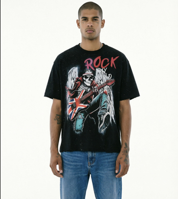 欧美高街潮牌bkys摇滚天使骷髅英伦风吉他手印花星空毛边短袖T恤