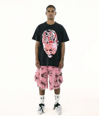 Hellstar地狱之星复古水洗做旧工艺宽松版型设计人头火焰烫钻短袖