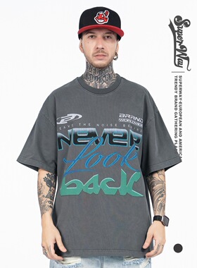 美式复古水洗字母印花短袖T恤男女款夏季宽松圆领通勤情侣上衣ins