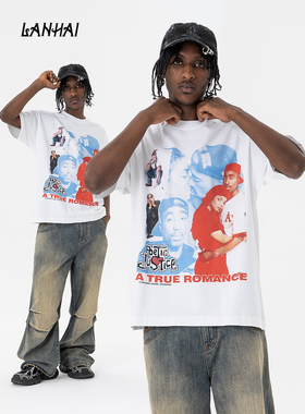 美式细节潮牌Janet Jackson说唱歌手演员拥抱印花短袖T恤夏季宽松