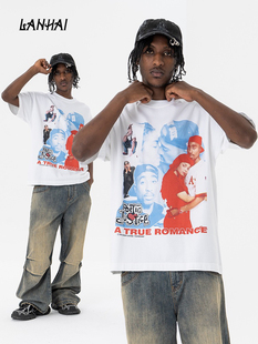 美式细节潮牌Janet Jackson说唱歌手演员拥抱印花短袖T恤夏季宽松