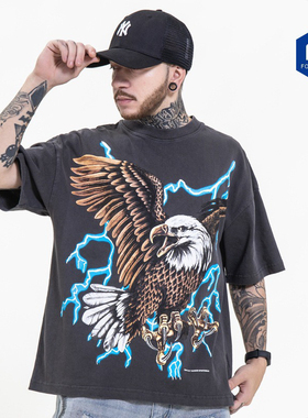 欧美TravisScott闪电老鹰印花男女宽松洗水做旧复古短袖潮牌T恤夏