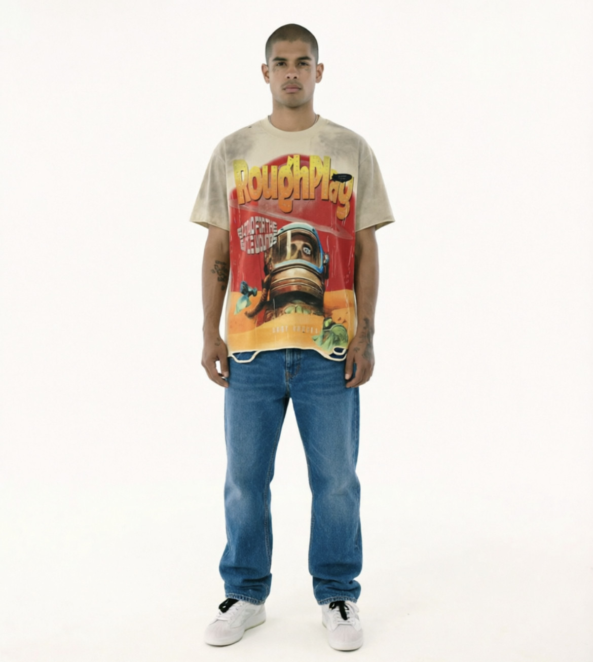 RoughPlay Lost In Space太空遇难烫钻破洞洗水做旧短袖毛边T恤潮