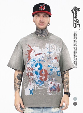 夏季美式街头嘻哈泼墨涂鸦字母印花短袖T恤宽松复古做旧圆领上衣