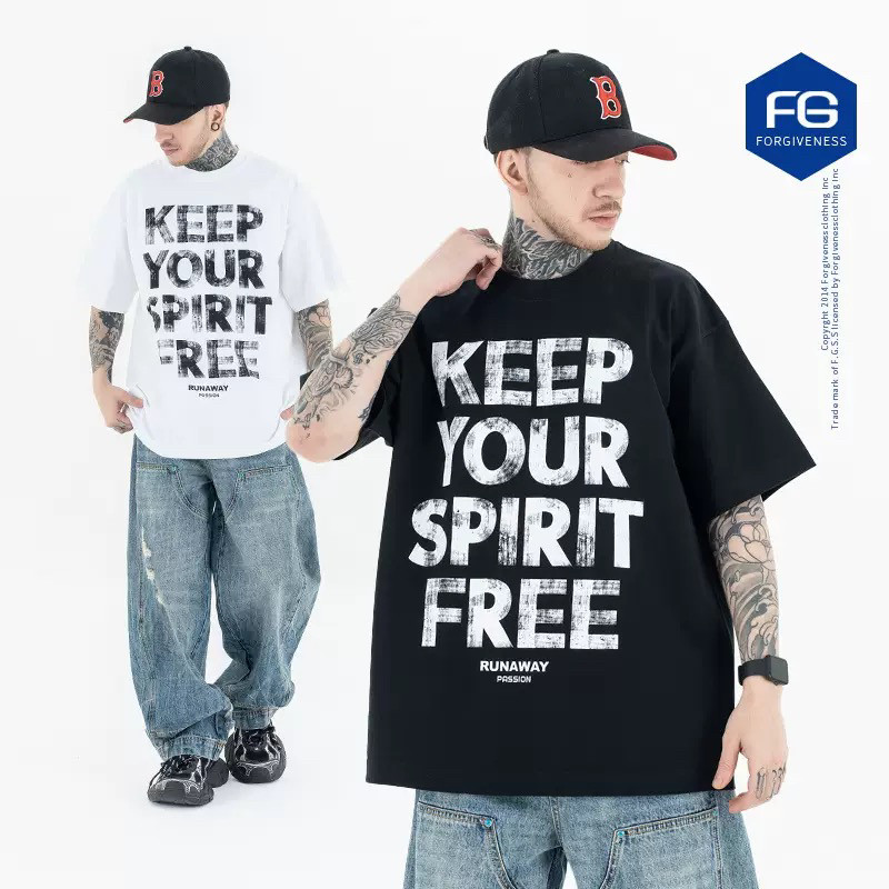 美式高街英文字母保持你的精神自由标语印花休闲短袖夏季宽松T恤