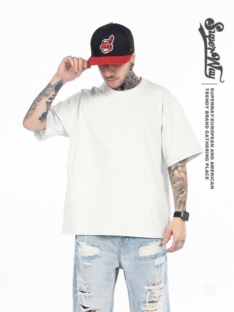 夏季重磅纯棉浅花灰短袖T恤男女情侣款宽松休闲简约纯色百搭上衣