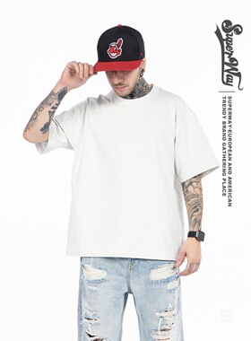 夏季重磅纯棉浅花灰短袖T恤男女情侣款宽松休闲简约纯色百搭上衣