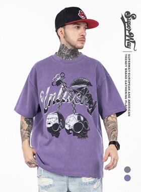 潮牌美式街头水洗复古重磅骷髅铁链手环武器印花短袖T恤夏季ins潮