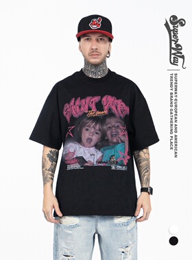 美式人物小孩印花短袖T恤宽松情侣休闲半袖体恤纯棉复古男女同款