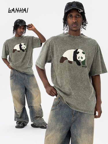Travis Scott cactus jack Tee 合作款竹节棉熊猫印花男女短袖T恤