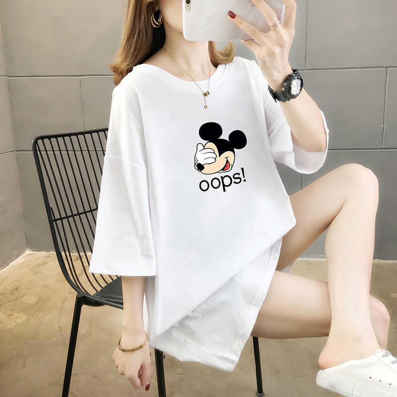方便喂奶的衣服女中长款盖屁股下半身消失米老鼠哺乳衣孕妇装T恤