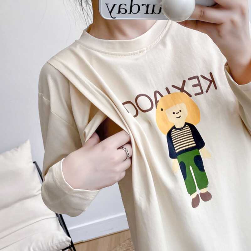 方便喂奶的衣服哺乳打底衫长袖甜美卡通潮妈产后外穿孕妇T恤女士