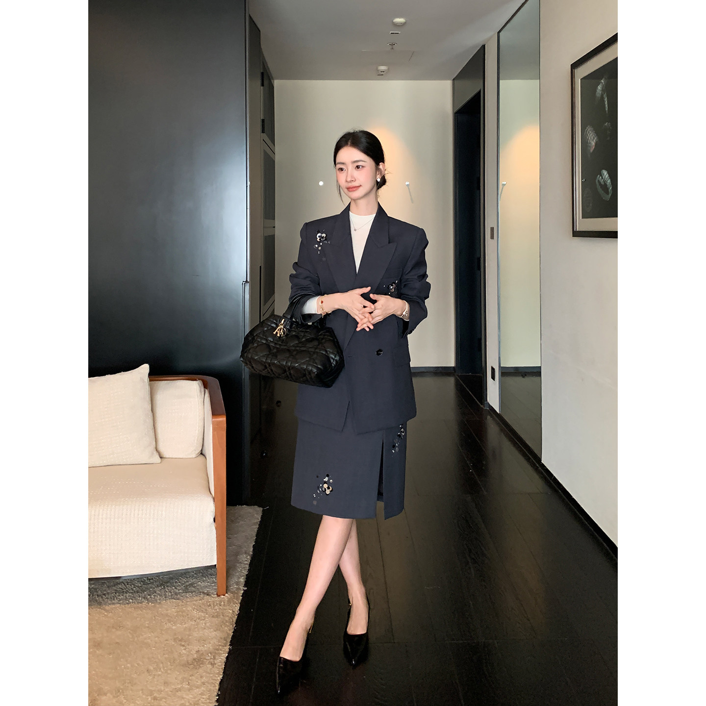 Maven Lin高智气场 轻奢重工钉珠羊毛西装外套女通勤开衩半裙套装