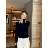 Lin 精致通勤 羊毛长袖 Maven 针织衫 女假两件撞色叠穿POLO领上衣