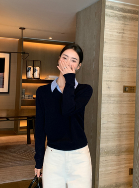 Maven Lin 精致通勤 羊毛长袖针织衫女假两件撞色叠穿POLO领上衣