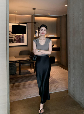 Maven Lin 黑色奢华醋酸半身裙女夏季新款气质鱼尾裙气质缎面长裙