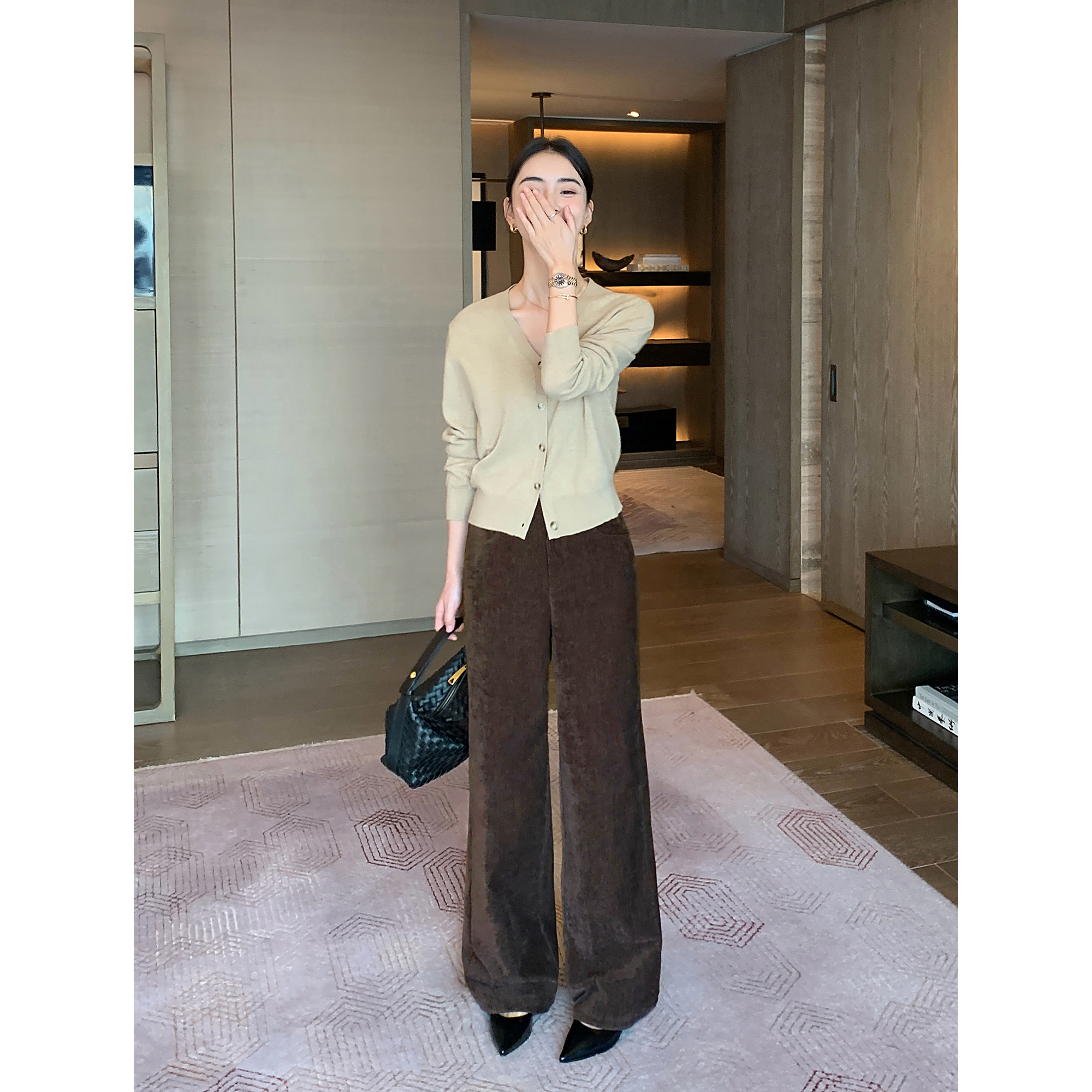 时髦复古高腰雪尼尔休闲裤子