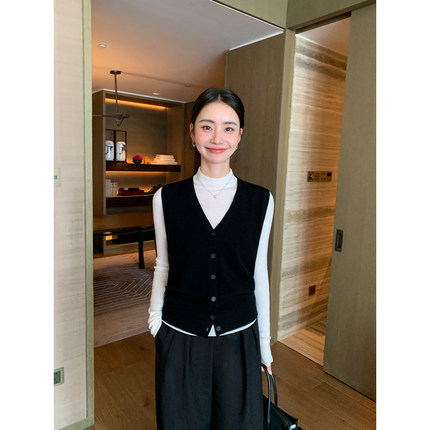 Maven Lin 2/26支 100％羊毛V领针织开衫女气质叠穿马甲无袖上衣