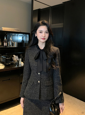 Maven Lin 职场lady 气质飘带小香风外套女修身短款A字半身裙套装