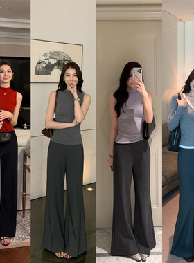 Maven Lin 人群焦点 极简黑色休闲微喇裤女气质宽松阔腿垂感长裤