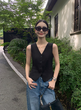 Maven Lin 老钱风100%亚麻西装马甲女黑色夏季纯麻料无袖背心上衣