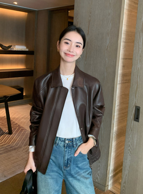 Maven Lin 休闲复古pu皮短外套女2025春秋新款宽松短款夹克皮衣