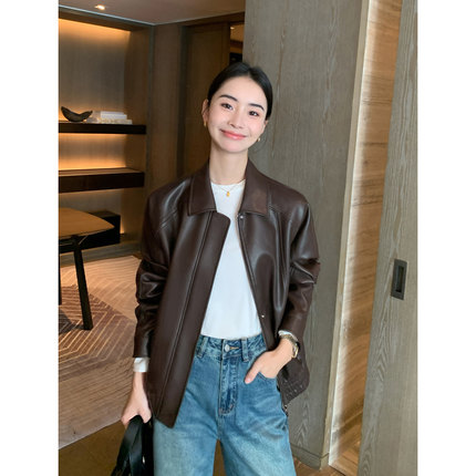 Maven Lin 休闲复古pu皮短外套女2025春秋新款宽松短款夹克皮衣