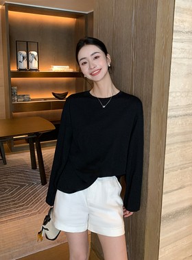 Maven Lin 重磅棉麻织|黑色圆领长袖t恤女宽松休闲打底衫防晒上衣