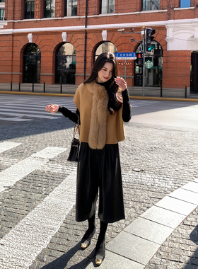 Maven Lin 都市慵懒 高级绒感pu皮阔腿八分裤女通勤休闲直筒皮裤