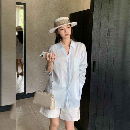 MavenLin莱赛尔苎麻V领长袖衬衫