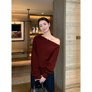 女贵奢修身 100%羊毛不规则斜肩针织衫 露肩上衣 Lin恣意佳人 Maven