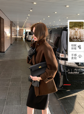 Maven Lin 雅致得体 1OO羊毛呢子大衣女贵感收腰短款毛呢外套