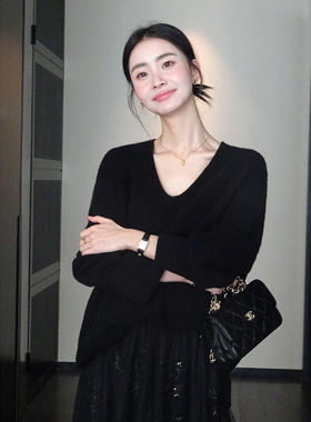 Maven Lin 松弛感白色V领毛衣女秋冬2025新款慵懒风羊毛针织上衣