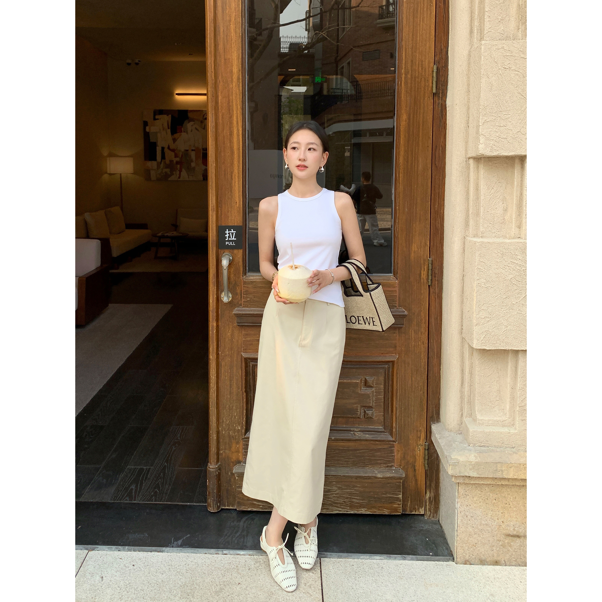 Maven Lin 温莎往事 精致细腻肌理高腰半身裙女开叉收腰一步长裙