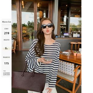 Maven Lin 悠然随性 极简一字船领长袖针织衫女宽松薄款条纹上衣