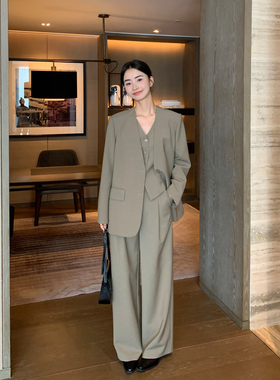 Maven Lin 羊毛混纺无领西装外套女2025春秋新品高级感V领西服