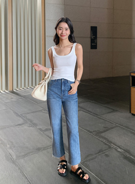Maven Lin【现货7折】蓝色直筒牛仔裤女烟管窄版阔腿裤九分裤子