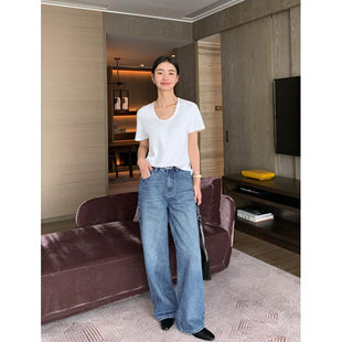 Lin 长裤 现货7折 宽松显瘦休闲阔腿裤 复古蓝色直筒牛仔裤 Maven