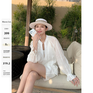 女宽松花边拼接泡泡袖 Maven 1OO苎麻V领衬衫 随性度假风 衬衣 Lin