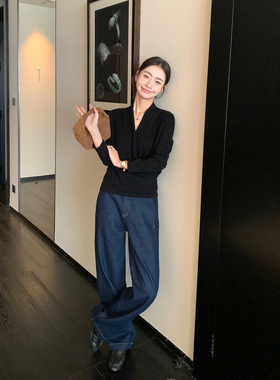 Maven Lin 深蓝色直筒阔腿牛仔裤女2025新款垂感宽松显瘦休闲长裤