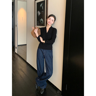 垂感宽松显瘦休闲长裤 Maven 女2025新款 深蓝色直筒阔腿牛仔裤 Lin