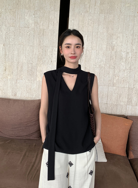 Maven Lin通勤极简 醋酸飘带上衣女v领气质背心宽松缎感无袖衬衫