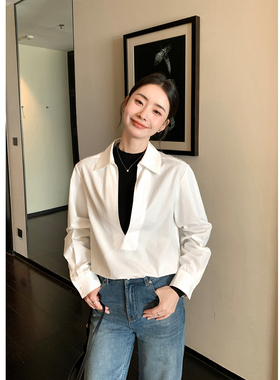 Maven Lin 品质腔调 莱赛尔白色V领长袖衬衫女极简通勤叠穿衬衣