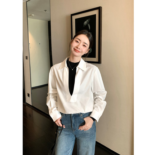 Maven Lin 品质腔调 莱赛尔白色V领长袖衬衫女极简通勤叠穿衬衣