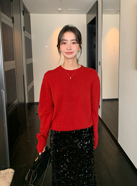 Maven Lin 雪鹿绒宽松慵懒风红色毛衣女秋冬韩系加厚羊毛内搭上衣