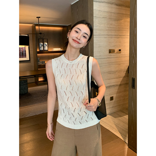 松弛镂空无袖 亚麻钩花背心 上衣女圆领设计感叠穿度假 Lin Maven