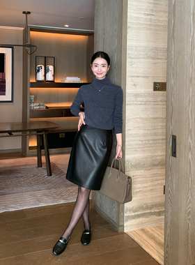 Maven Lin 高管法则 黑色高腰a字半身裙女气质通勤短裙遮胯pu皮裙