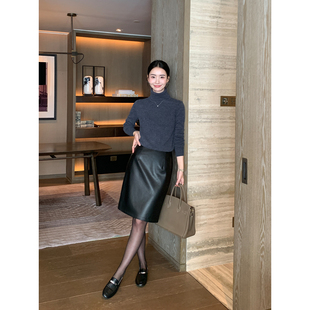 黑色高腰a字半身裙女气质通勤短裙遮胯pu皮裙 高管法则 Maven Lin