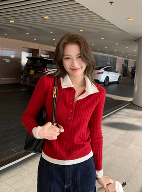 Maven Lin 静奢雅言 1OO羊毛撞色翻领毛衣女假两件针织打底上衣