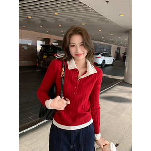 Maven Lin 静奢雅言 1OO羊毛撞色翻领毛衣女假两件针织打底上衣